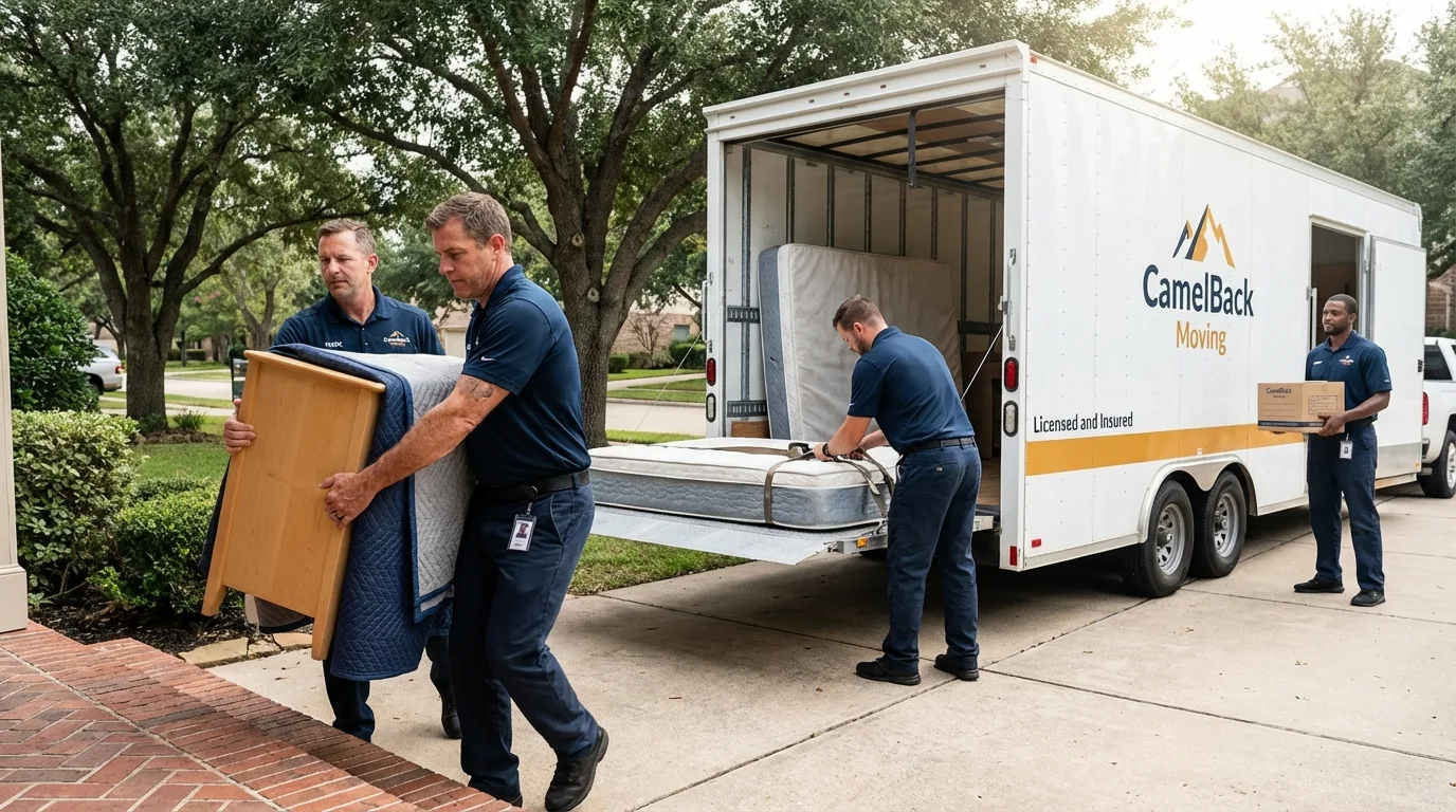 Crew loading residential truck for cross-state move from Dumas, TX