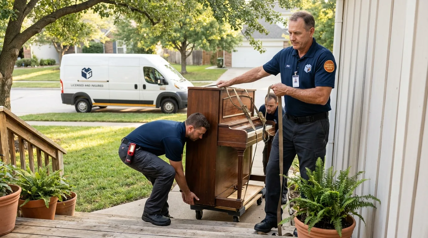 Licensed piano movers securing grand piano in Dumas, TX