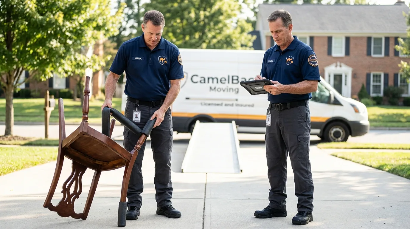 Movers inspecting furniture for damage prevention before loading in Dumas, TX